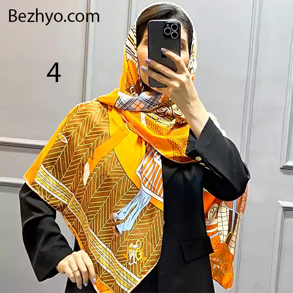 روسری ابریشم اورجینال هرمس دارای ترکیب رنگ نارنجی و قهوه ای